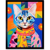 Wall Art Print Cat Caftan Artwork Bold Bright Vibrant Modern Folk Art Acrylic Painting Floral Pattern Art Framed