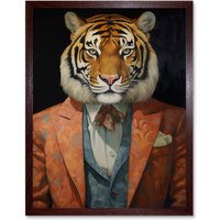 Artery8 Wall Art Print Tiger About Town Artwork Coral Pink & Cerulean Blue Suit Conceptual Portrait Artwork Art Framed in Brown | Size: W12" x H16"