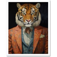 Artery8 Wall Art Print Tiger About Town Artwork Coral Pink & Cerulean Blue Suit Conceptual Portrait Artwork Art Framed in White | Size: W12" x H16"