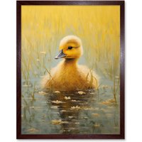 Artery8 Wall Art Print Cute Yellow Ducking in Countryside Pond Oil Painting Kids Bedroom Baby Duck Bright Artwork Art Framed | Size: W12" x H16"