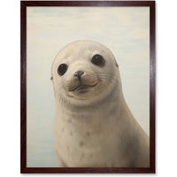 Wall Art Print Adorable Seal Pup Portrait Oil Painting Calming Bedroom Cute Arctic Animal Artwork Art Framed W12" x H16"