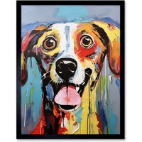 Artery8 Wall Art Print Colourful Dog Portrait Artwork by Jason Brydson Happy Face Oil Painting Bold Bright Vibrant Art Framed | Size: W12" x H16"