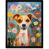 Artery8 Wall Art Print Chihuahua in the Wildflowers Artwork Colourful Meadow Dog Portrait Art Framed in Black | Size: W12" x H16"