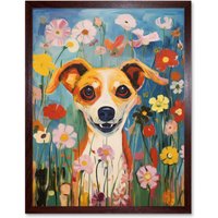 Artery8 Wall Art Print Chihuahua in the Wildflowers Artwork Colourful Meadow Dog Portrait Art Framed in Brown | Size: W12" x H16"