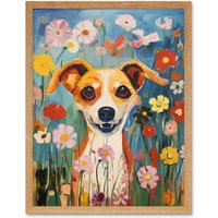 Artery8 Wall Art Print Chihuahua in the Wildflowers Artwork Colourful Meadow Dog Portrait Art Framed in Light Oak | Size: W12" x H16"