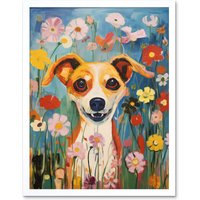 Artery8 Wall Art Print Chihuahua in the Wildflowers Artwork Colourful Meadow Dog Portrait Art Framed in White | Size: W12" x H16"
