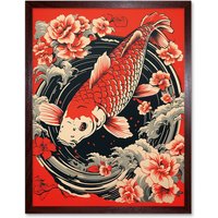 Artery8 Wall Art Print Koi Fish Carp Japan Whirlpool Red Black Floral Artwork Coy Art Framed in Brown | Size: W12" x H16"