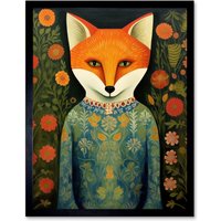 Artery8 Wall Art Print Fox Flaunting Fancy Floral Frock Felicia Flower Field Fun Art Framed in Black | Size: W12" x H16"