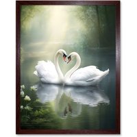 Artery8 Wall Art Print Elegant Love Heart Swans Photo Misty Morning River Scene Love Romance Art Framed in Brown | Size: W12" x H16"