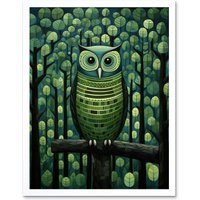 Artery8 Wall Art Print Sage Green Owl Perched in Geometric Forest Night Dusk Art Framed in White | Size: W12" x H16"