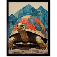 Artery8 Wall Art Print Geometric Turtle Colourful Hexagon Scutes Shell Pattern Tortoise Bathroom Nautical Theme Art Framed | Size: W12" x H16"