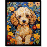 Artery8 Wall Art Print Cockapoo Puppy Oil Painting Colourful Bright Bold Floral Fun Art Framed in Black | Size: W12" x H16"