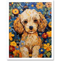 Artery8 Wall Art Print Cockapoo Puppy Oil Painting Colourful Bright Bold Floral Fun Art Framed in White | Size: W12" x H16"