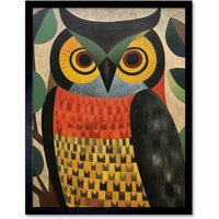 Artery8 Wall Art Print Folk Art Geometric Owl Boho Colours Yellow Coral Green Bold but Subtle Artwork Art Framed in Black | Size: W12" x H16"