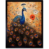 Artery8 Wall Art Print Peacock Bird Gustav Klimt Style Oil Painting Gold Orange Blue Portrait with Flowers Art Framed in Black | Size: W12" x H16"