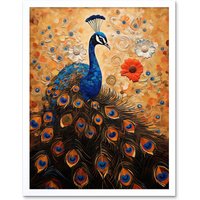 Artery8 Wall Art Print Peacock Bird Gustav Klimt Style Oil Painting Gold Orange Blue Portrait with Flowers Art Framed in White | Size: W12" x H16"