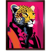 Artery8 Wall Art Print Strong Leopard in Suit Bold Artwork Orange Pop Art Hot Pink Vibrant Portrait Art Framed in Brown | Size: W12" x H16"