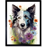 Artery8 Wall Art Print Border Collie Dog Pict Scotland Blue Basant Face Bright Artwork Portrait with Wildflowers Art Framed | Size: W12" x H16"