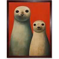 Artery8 Wall Art Print Seal Pups Portrait White Cream On Red Crimson Coral Detailed Oil Painting Art Framed in Brown | Size: W12" x H16"