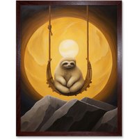 Artery8 Wall Art Print The Lazy Overlord Sloth at Full Moon Abstract Surrealist Painting Art Framed in Brown | Size: W12" x H16"