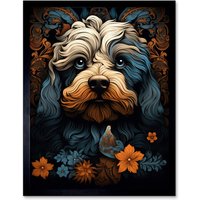 Artery8 Wall Art Print Cockapoo Dog with Flower Patterns Art Nouveau Artwork Orange Blue Floral Portrait Design Art Framed | Size: W12" x H16"