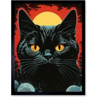 Artery8 Wall Art Print In the Shadow of the Celestial Black Cat Vintage Pulp Art Sci-Fi Cover Artwork Red Yellow Blue Solar Eclipse Art Framed