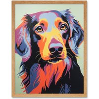 Artery8 Wall Art Print Long Haired Dachshund Dog Colourful Artwork Orange Blue Purple Pet Portrait Cute Art Framed in Light Oak | Size: W12" x H16"