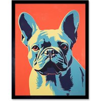 Artery8 Wall Art Print French Bulldog Colour Block Artwork Coral Orange Blue Vibrant Pet Portrait Cute Art Framed in Black | Size: W12" x H16"