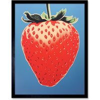Artery8 Wall Art Print A Single Strawberry Block Colour Artwork Red on Blue Bold Bright Minimalist Kitchen Decor Art Framed | Size: W12" x H16"