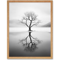 Artery8 Wall Art Print Lone Tree by Frozen Lake Winter Landscape Black & White Photograph Art Framed in Light Oak | Size: W12" x H16"