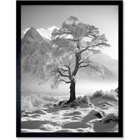 Artery8 Wall Art Print Frozen Tree in Snowy Mountain Landscape Bright Black & White Photograph Winter Sunrise Crisp Morning Light Art Framed
