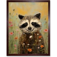 Wall Art Print Gleeful Raccoon Picking Flowers Oil Painting Red Blooms Spring Meadow Landscape Bedroom Art Framed