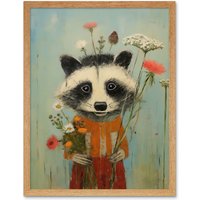 Artery8 Wall Art Print Cute Racoon Picking Wildflowers for a Spring Bouquet Oil Painting Amber Orange Baby Blue Kids Bedroom Artwork Art Framed