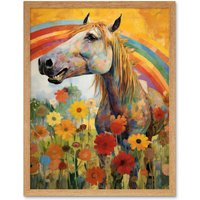 Artery8 Wall Art Print Girls Bedroom Nursery Artwork Rainbow Horse With Flowers Bright Colourful Happy Art Framed in Light Oak | Size: W12" x H16"