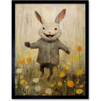 Artery8 Wall Art Print Raincoat Rabbit Happy Bunny Flower Meadow Kids Girls Bedroom Nursery Artwork Art Framed in Black | Size: W12" x H16"