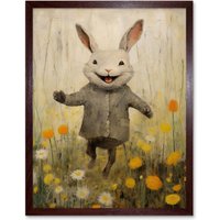 Artery8 Wall Art Print Raincoat Rabbit Happy Bunny Flower Meadow Kids Girls Bedroom Nursery Artwork Art Framed in Brown | Size: W12" x H16"