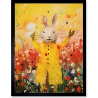 Artery8 Wall Art Print Rabbit in a Yellow Rain Mac Oil Painting Bright Floral Meadow Kids Bedroom Nursery Art Framed in Black | Size: W12" x H16"