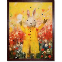 Artery8 Wall Art Print Rabbit in a Yellow Rain Mac Oil Painting Bright Floral Meadow Kids Bedroom Nursery Art Framed in Brown | Size: W12" x H16"