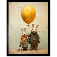 Artery8 Wall Art Print Cute Nursery Artwork Rabbits & Balloon Adventure Oil Painting Art Framed in Black | Size: W12" x H16"