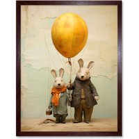 Artery8 Wall Art Print Cute Nursery Artwork Rabbits & Balloon Adventure Oil Painting Art Framed in Brown | Size: W12" x H16"