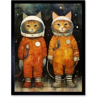 Artery8 Wall Art Print Cosmic Cats in Outer Space Moon Walk Fun Kids Bedroom Artwork Art Framed in | Size: W12" x H16"
