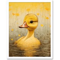 Artery8 Wall Art Print Yellow Duckling Kids Bedroom Baby Nursery Calm Elegant Artwork Art Framed in White | Size: W12" x H16"