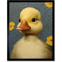 Wall Art Print Duckling Flowers Oil Painting Bedroom Nursery Duck Art Framed W12" x H16"