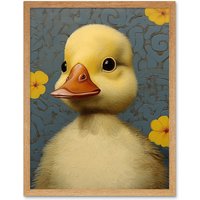 Artery8 Wall Art Print Duckling with Flowers Oil Painting Kids Bedroom Baby Nursery Duck Art Framed in Light Oak | Size: W12" x H16"