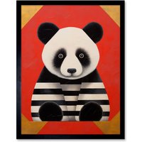 Artery8 Wall Art Print Panda with Stripes Fun Kids Bedroom Baby Nursery Bright Bold Artwork Red Black White Art Framed | Size: W12" x H16"