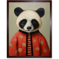 Artery8 Wall Art Print Panda Cub in Chinese Uniform Fun Kids Bedroom Artwork Art Framed in Brown | Size: W12" x H16"