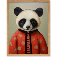 Artery8 Wall Art Print Panda Cub in Chinese Uniform Fun Kids Bedroom Artwork Art Framed in Light Oak | Size: W12" x H16"