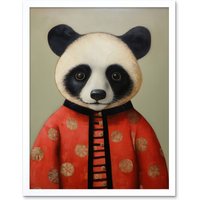 Artery8 Wall Art Print Panda Cub in Chinese Uniform Fun Kids Bedroom Artwork Art Framed in White | Size: W12" x H16"