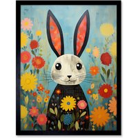 Artery8 Wall Art Print Funny Bunny Modern Floral Rabbit Animal Artwork for Kids Bedroom or Baby Nursery Art Framed in Black | Size: W12" x H16"
