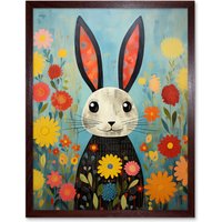 Artery8 Wall Art Print Funny Bunny Modern Floral Rabbit Animal Artwork for Kids Bedroom or Baby Nursery Art Framed in Brown | Size: W12" x H16"